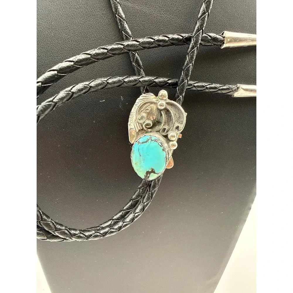 Navajo Signed Sterling Silver‎ Turquoise Bolo Tie Black Leather Cord Signed TG